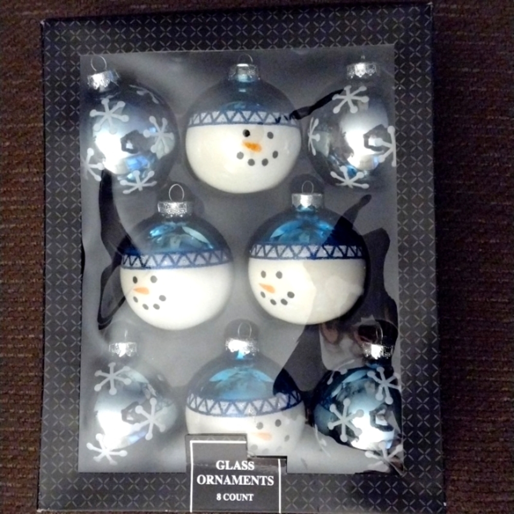Snowman & Snowflake Glass 8 Ornaments 2010 Rauch Industries New